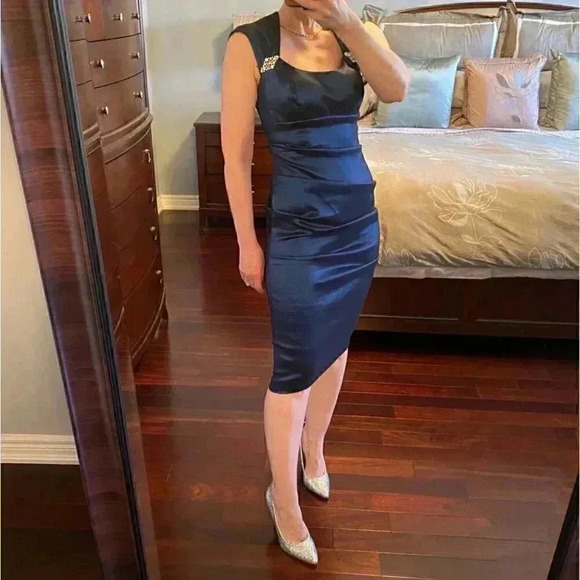 BA Nites Cocktail Party Dress Evening Bodycon Midi Ruched Blue Satin Size 4 - Picture 14 of 16
